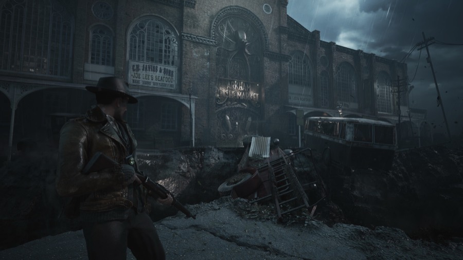 The Arkham Fish Market facade with a carved octopus relief, Calvin holding a shotgun on a collapsed street